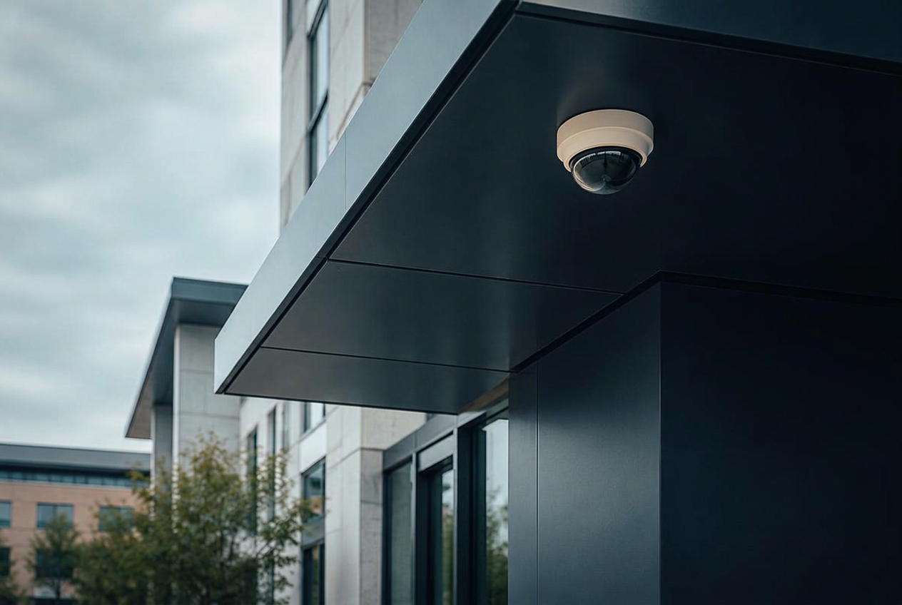 Modern CCTV dome camera at a commercial premises