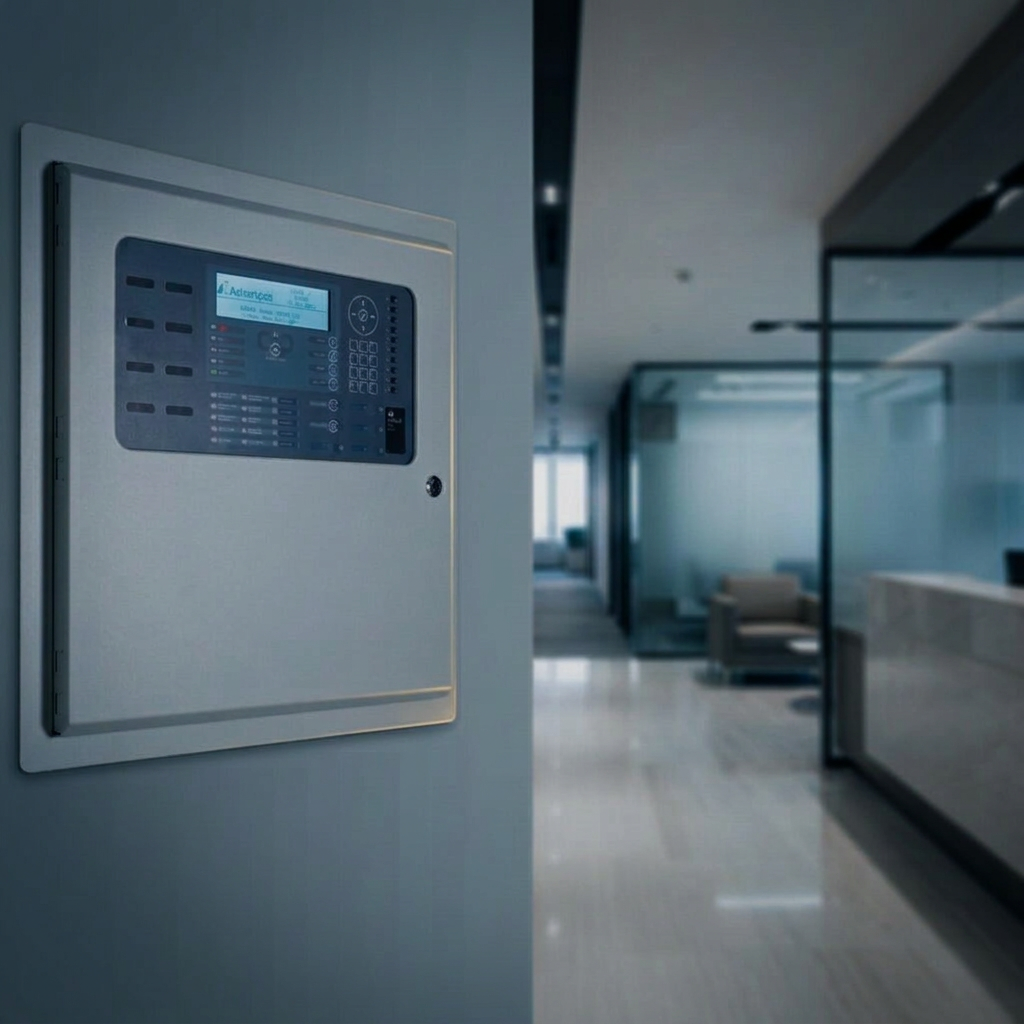 Engineer testing a commercial fire alarm control panel