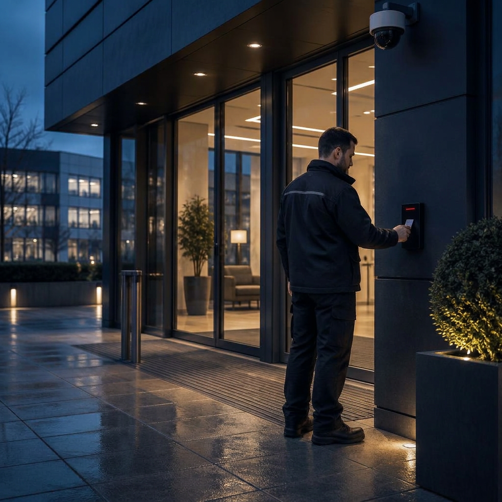 Engineer checking a commercial access control reader