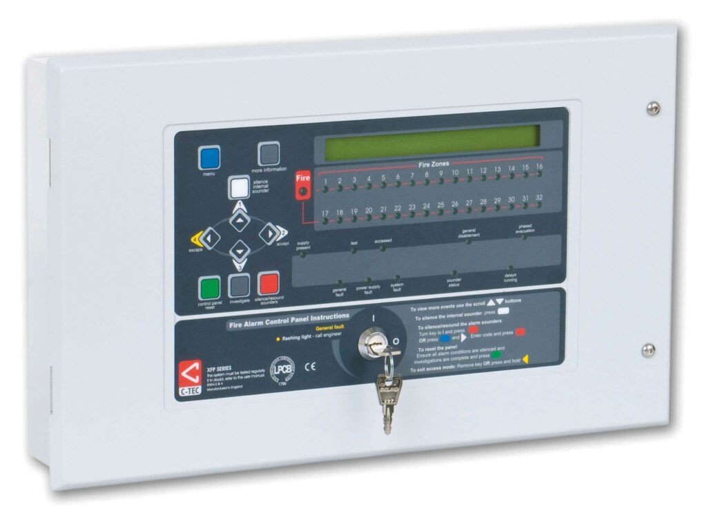 Fire alarm faults UK shown on a fire alarm control panel during maintenance