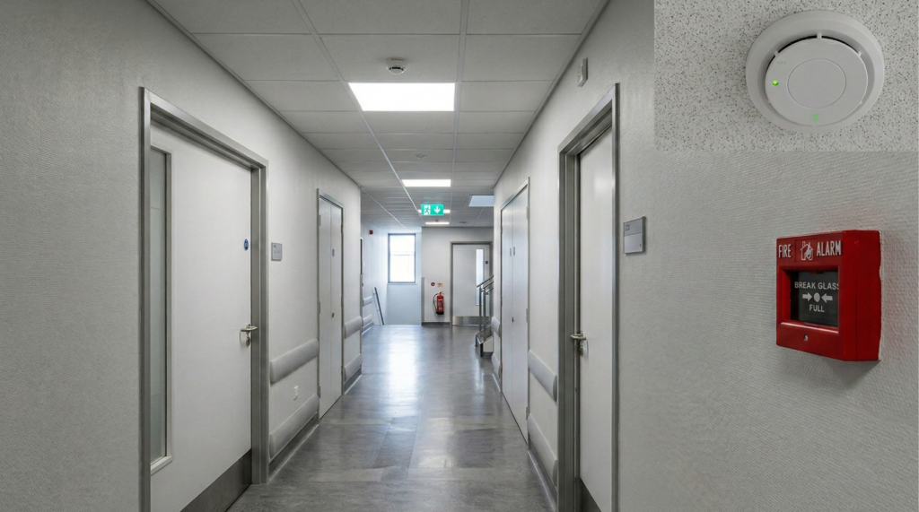 Manual call point and smoke detector in a corridor showing UK fire alarm category basics