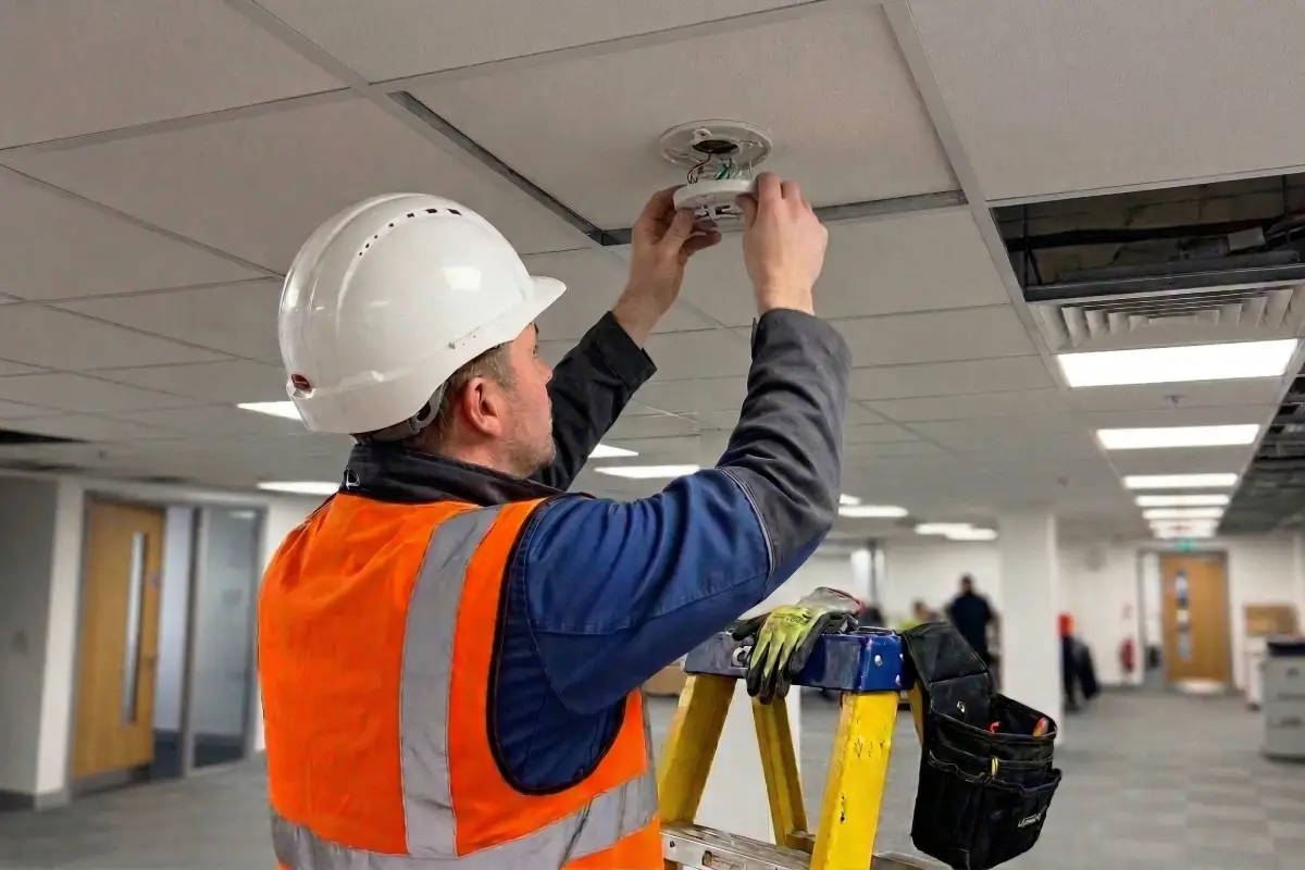 Engineer installing smoke detector during fire alarm system installation in Telford