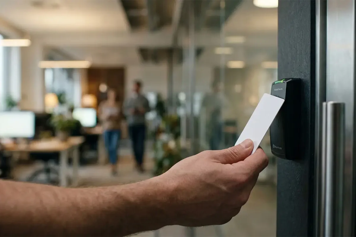 Access control card reader installed beside a secure door entrance