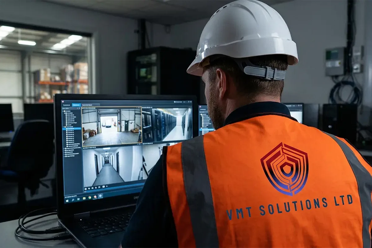 Engineer carrying out professional CCTV system checks and documentation